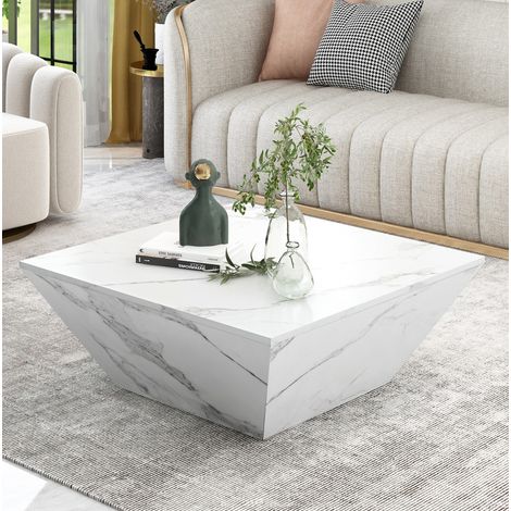 Tavolino basso trapezoidale 70 x 70 x 37 cm con 2 cassetti, MDF bianco HAVRYA (1/5)