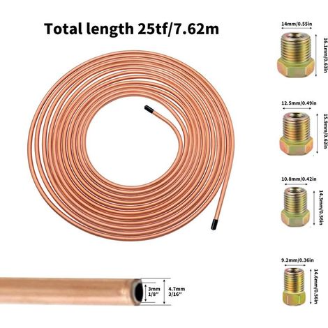 7,62 m (25 Fuß) Kupferbremsschlauch Ø 4,75 mm, Allgemeines Bremsleitungs-Austauschset, Kfz-Brems- und Kraftstoffleitung, 3/16" Kfz-Ersatzteil mit 16 Anschlüssen (1/4)