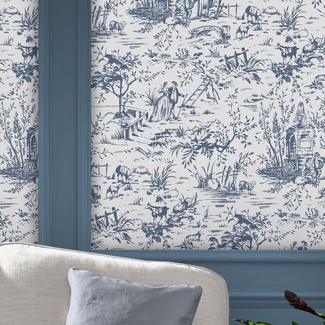 Papier peint intissé à motif Toile de Jouy Dark Seaspray 1005 x 52cm – Résistant à la lumière – Entretien facile avec éponge humide – Fabriqué en Angleterre – Laura Ashley (1/5)