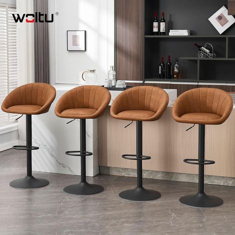 WOLTU Juego de 4 taburetes de bar vintage de PU, sillas de bar ajustables y giratorias, color marrón