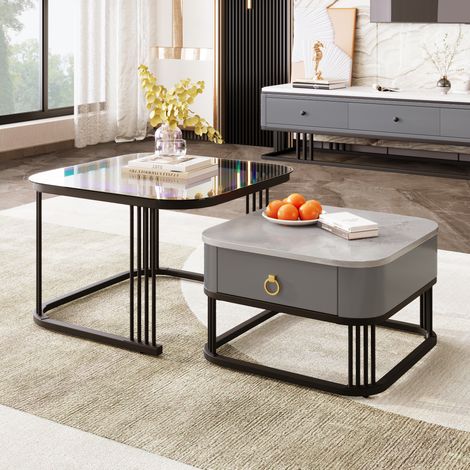 DESMIU Table basse gigogne 2 pieces avec 2 tiroirs, plateau marbre et verre, cadre metal noir, pour salon (1/5)