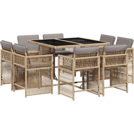 9 Piece Garden Dining Set with Cushions Mix Beige Poly Rattan vidaXL (1/4)