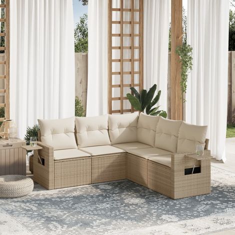 Juego de sofás jardín con cojines 5 pzas ratán sintético beige vidaXL (1/5)