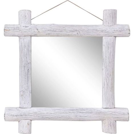 Miroir en bois blanc, 70x70 cm, fabriqué à partir de bois massif recyclé. (1/5)