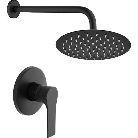 Set doccia nero opaco con braccio 35cm, soffione 25cm e miscelatore linea Flat (1/5)