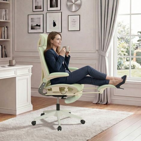 STILVORA Silla de oficina ergonómica ajustable con reposacabezas 3D y reposapiés, de malla, verde (1/5)