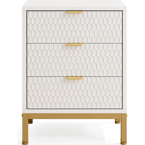 CHICFURN Mesita de noche 50x40x65,5 cm blanco y dorado en madera y metal, 3 cajones (1/5)