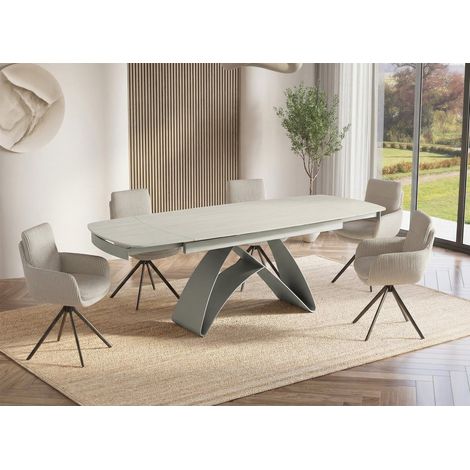 Table à manger extensible en métal beige plateau céramique blanc