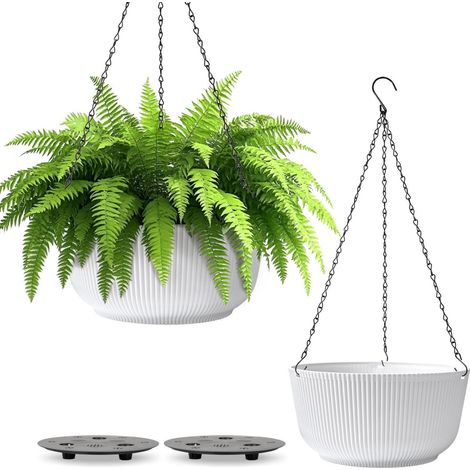Blumenampel 2er Set Ø25cm Weiß mit Ketten & Bewässerungssystem (1/5)