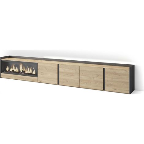 Skraut Home - Mueble TV, Televisión, Muebles de salón, almacenaje, 315x35x50cm, Para TV hasta 80", Chimenea eléctrica XXL, LED, Estilo Moderno, Roble y negro (1/5)