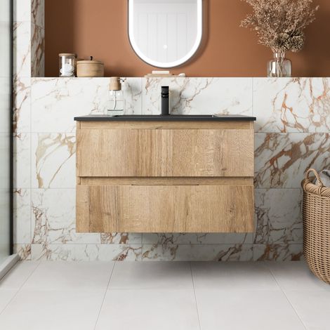 800mm Bathroom Cloakroom Vanity Unit Wall Hung 1 Tap Hole Basin Soft Close Oak (1/4)