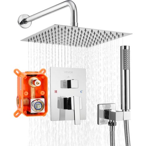 VEVOR Set Doccia, Sistema Doccia a Pioggia per Bagno con Soffione Quadrato da 25,4 cm e Doccetta, Accessori per Vasca da Parete con Valvola in Ottone e Kit di Finitura, Argento Cromato (1/5)