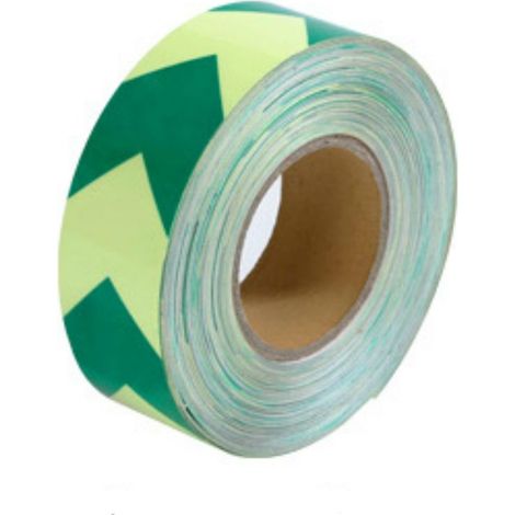 Nastro adesivo segnalazione luminescente da 50mm con chevron verdi - Packaging: 50mm(5cm) x 5MT (1/3)