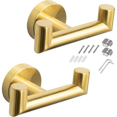 Lot de 2. Couleur : Or. Matériau : Acier inoxydable. Patères doubles pour salle de bain, style minimaliste moderne.