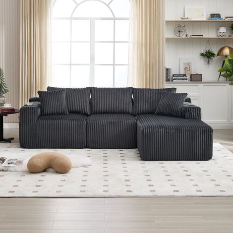 Divano modulare 257x160x62 cm grigio in velluto a coste con chaise longue, 5 cuscini, tasche laterali e portabicchieri (1/5)