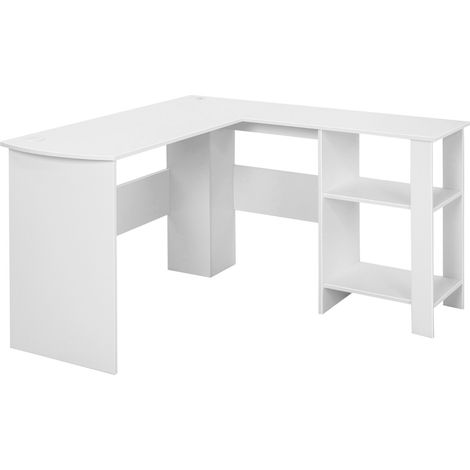 Scrivania per computer a forma di L, Scrivania ad angolo con 2 fori per cavi e 2 ripiani supporto per CPU Bianco (1/4)