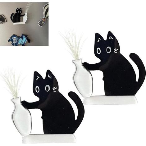 Ensemble de 2 aimants pour réfrigérateur - Noir et blanc - Mini vase et porte-moustaches - Motif chat noir (1/5)