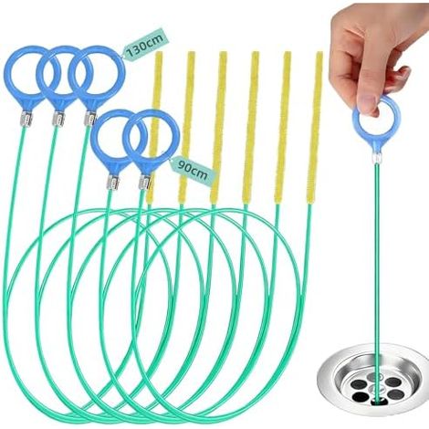 5 Pièces Furet Déboucheur Canalisation, (130cm & 90cm) Embouts en Acier Revêtu Nylon pour Canalisation Anti Bouchons Cheveux Cuisine, Salle de Bain, -