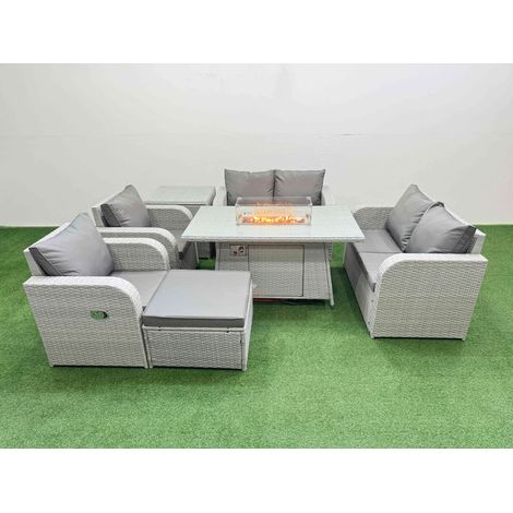 Fimous 7 Seater Outdoor Reclining Chair Love Sofa Set Rattan Garden Furniture Set with Firepit Dining Table Footstool Side Table Light Grey (1/4)