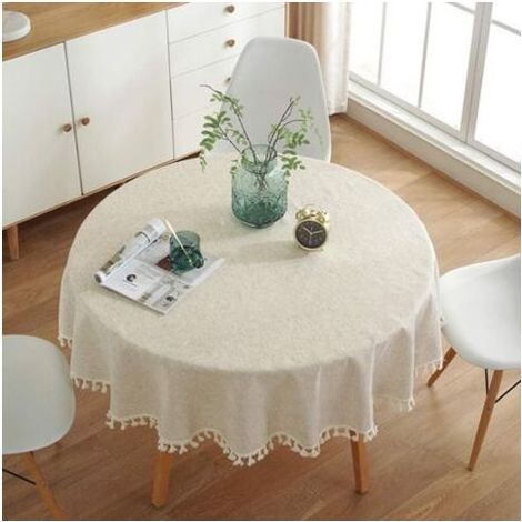 Runde Tischdecken, einfarbige Tischdecke mit Quasten, vielseitige Baumwoll-Tischdecke für drinnen und draußen, Durchmesser 100 cm (1/4)