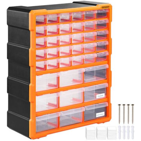 Organiseur 39 tiroirs Boîte de rangement extensible avec étiquettes Casier à vis outils petites pièces Maison atelier