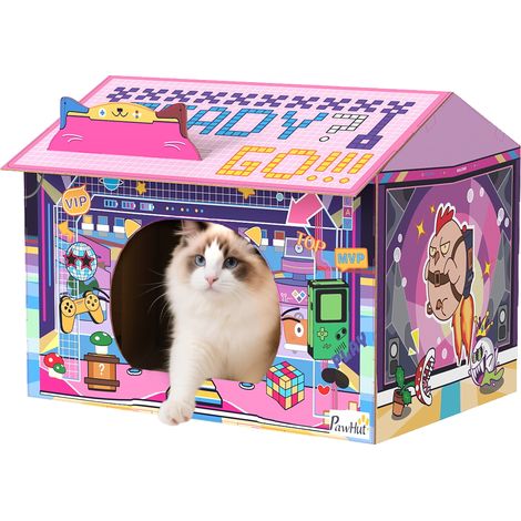 2 in 1 Gaming Style Cardboard Cat House with Scratching Board & Catnip for Indoor Cats, Pink (1/5)