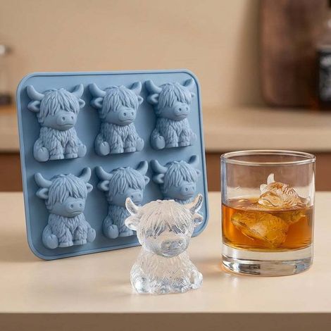 Moules à glaçons en silicone en forme de vache Highland 3D, adaptés au whisky, aux cocktails, aux boissons et aux bars, présentant des détails riches et des formes animales amusantes. (1/2)