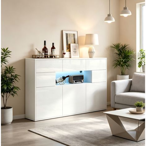 Wohnzimmer Sideboard (140x30x82 cm), mit 3 Schubladen und 5 Schränken, LED Beleuchtung, Hochglanz, MDF, Weiß (1/5)