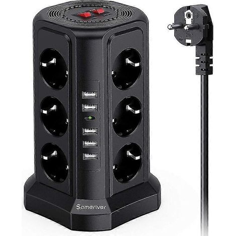 Multiprise tour avec 12 prises et 5 ports USB (2500W/10A), protégée contre les surtensions, livrée avec un câble de 5 mètres et 2 interrupteurs, et protection contre les surcharges. (1/5)