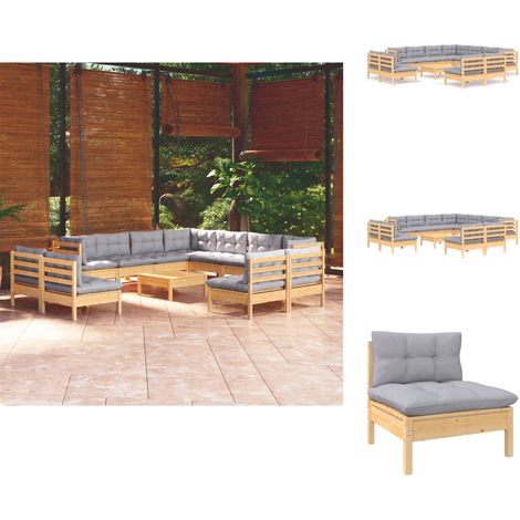 Gartenmöbel-Sets - Living 12-tlg. Garten-Lounge-Set mit Grauen Kissen Massivholz Kiefer (1/5)