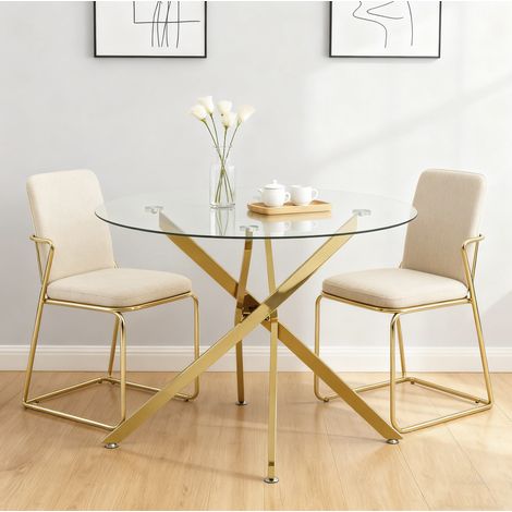 Table à manger ronde en verre trempé, pieds métalliques dorés, 80 x 76 cm, style moderne (1/5)