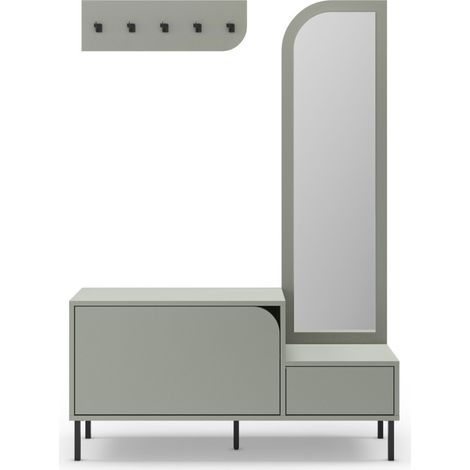 Drawer – Meuble d'entrée 2 portes avec miroir et portant en bois mélaminé et métal – H172cm – Rangement chaussures et accessoires – Vert amande (1/5)