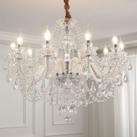 Fuleadture Lustre européen à 10 lumières en cristal, suspension de luxe en cristal transparent, culot E14 / variation tricolore, plafonnier pour salon, salle à manger et chambre à coucher.（D83xH68CM）