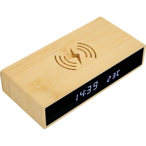 Réveil Numérique en Bois, Station de Charge Rapide sans Fil pour Tous Les Types de Téléphones Intelligents, Horloge LED en Bambou Exquise Multifonction à la Mode avec 3 Jeux de (1/5)