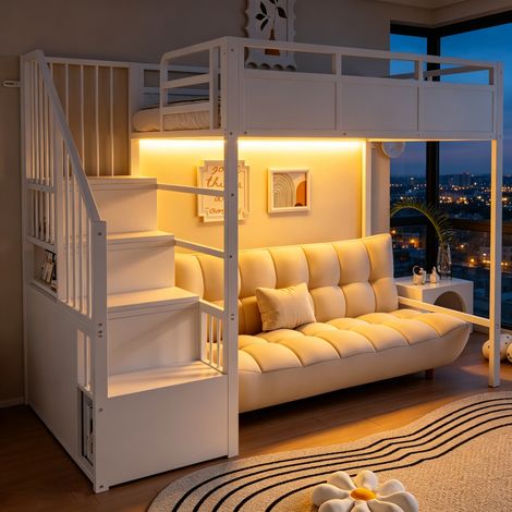 Metall-Hochbett 90 x 200 cm, Metallgestell Mit Holzplatten und Erhöhtem Sicherheitsgitter, Beidseitig Montierbare Stauraumleiter, Mit LED-Beleuchtung, Kinderbett, Jugendbett, Erwachsenenbett, Weiß (1/5)