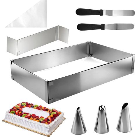 Adjustable Rectangular Cake Ring Set - Stainless Steel Baking Frame with Separator, Spatula, Piping Bag and Nozzles - Dishwasher Safe (1/5)