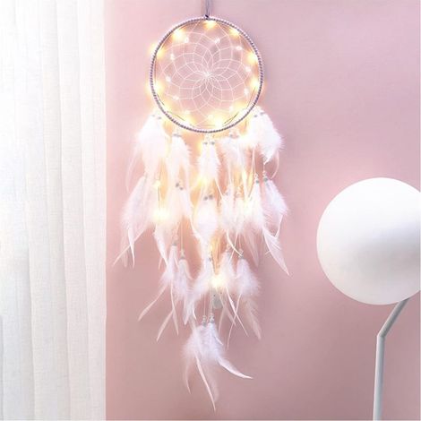 Bohemia decoration, LED Dreamcatcher Girls Handmade Dreamcatcher Lace Dream Catcher Feather White for dream Wall hanging car Room Girls Creative gift (1/5)