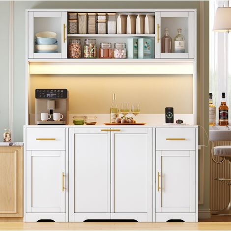 Meuble de cuisine 140 x 40 x 173 cm avec LED, 2 tiroirs et compartiment coulissant pour poubelle, blanc (1/5)