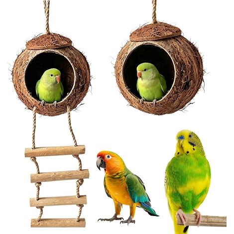 Lot de 2 nichoirs à oiseaux en noix de coco avec échelle 100 g - Jouet à mâcher naturel en fibre de coco - Chaud en hiver - Respirant - Nid d'élevage pour cage à oiseaux, perruches, inséparables et (1/5)