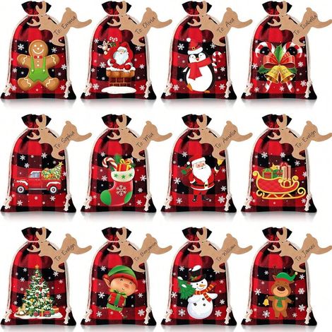 Sachets cadeau Noël à carreaux, lot 12 sachets motifs colorés, 12 étiquettes cerf et 10m ficelle, kit emballage cadeau (1/5)