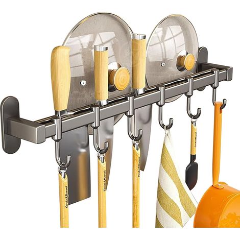 Porte Ustensiles Cuisine Murale Sans Perçage Avec Porte-couteaux Et Support Couvercle, Étagère Murale Inox Pour Cuisine Salle De Bain Salon (Double rod 6 hooks) (1/5)