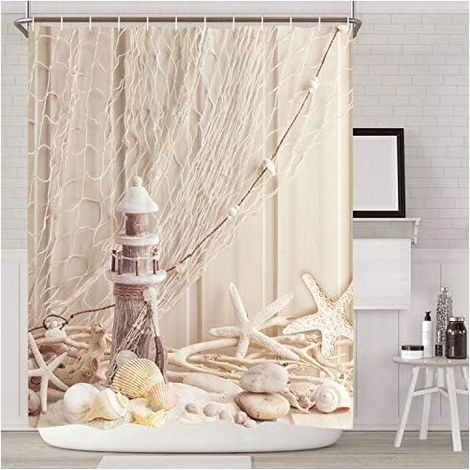 Textile Fabric Shower Curtain with Loops - 120180 - Shell Pattern - Digital Printing - Polyester Fiber - Anti-Mold - Beige