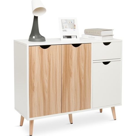 Mondeer – Buffet scandinave blanc et chêne avec 1 tiroir et 3 portes – Dimensions 90 x 73 x 30 cm – Panneaux écologiques – Capacité 60 kg