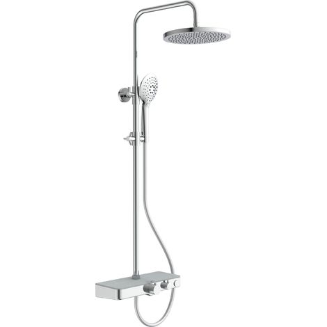 Système de douche bien-être avec thermostat tablette en verre, panneau de douche avec robinetterie, (douche à effet pluie avec support mural, colonne de douche) gris chrome (1/5)