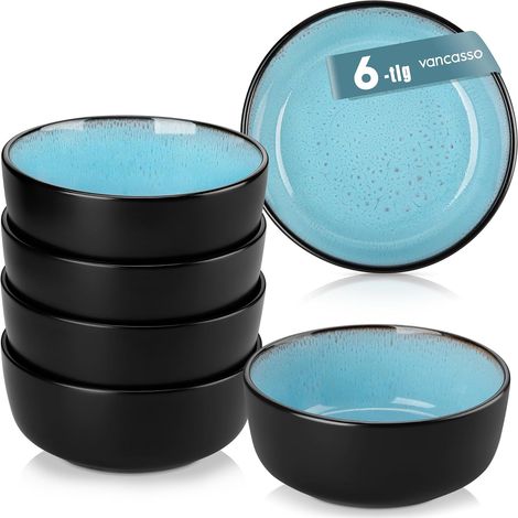 Lot de 6 Bols à Céréales - 840ml - Bols à Soupe en Grès - Passe au Lave-vaisselle et au Micro-ondes, Saladiers Pour Muesli, Flocons de Maïs ou Petit-déjeuner, Glaçure Bleu (1/5)