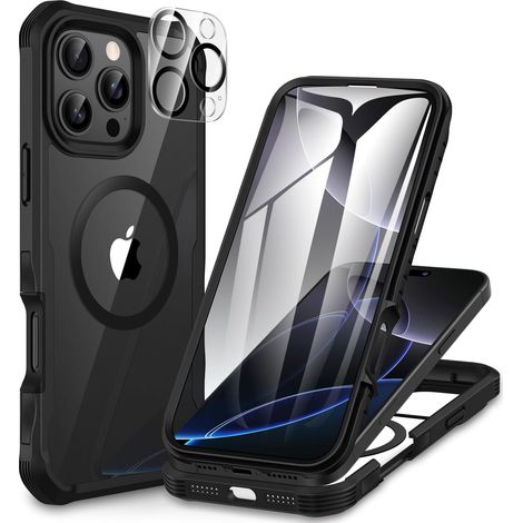 Magnétique Coque iPhone 16 Pro, Compatible avec MagSafe intégré Verre Trempé Protection écran et Protecteur Caméra, 360° Antichoc Téléphone Housse Double Face Case Intégrale Etui - Noir (1/5)