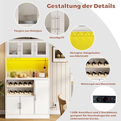 Armoire de cuisine blanche avec LED RGB et prise intégrée, grand placard de rangement mural avec porte-bouteilles et étagère à vin, meuble de cuisine moderne à portes vitrées, 100x40x180 cm (1/4)