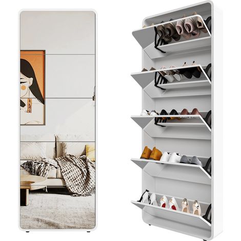 Spiegelschuhschrank mit 5 Klappen, Bogendesign, freistehend, Weiß, MODENUIT (1/5)