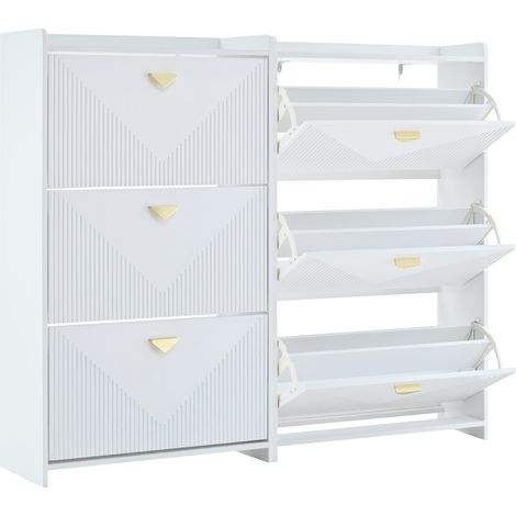 Set de 2 pièces -- meuble à chaussures 14030120cm avec 6 portes abattantes inférieures, buffet, meuble de salon, MDF, blanc, design thermoformé, largeur du caisson réglable