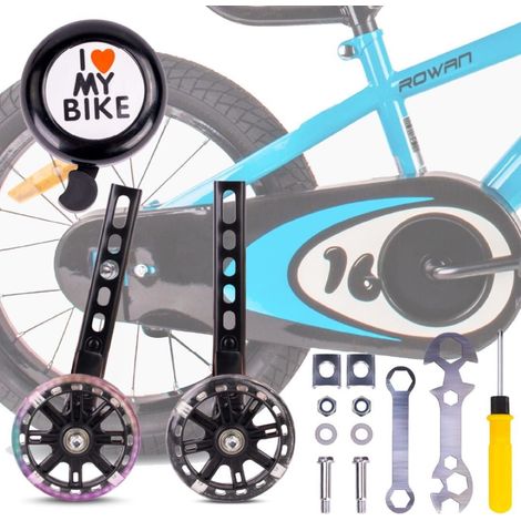 LED-beleuchtete Seitenräder für Kinderfahrräder, 12-20 Zoll verstellbar, Fahrradklingel-Set